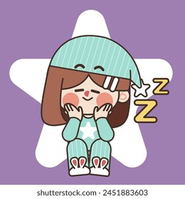 Adorable Little Girl Sleeping While Sitting Wearing Pajama Doodle Illustration Vector Asset