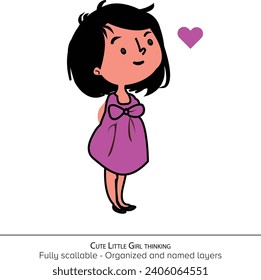 Adorable Little Girl Standing and Lost in Thought. Vector Illustration of a Cute Little Girl Standing and Thinking