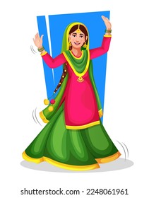 Adorable little girl in trendy national cloth performing a folk dance step with hand gestures cheerfully smiling and dancing. A Punjabi Giddha dancer. Doing lohri dance avatar. Over bright vivid shine