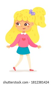 Adorable little girl walking. Small cute child smiles. Happy beautiful school student standing. Smart creative teenager playing outdoor. Young people vector illustration.