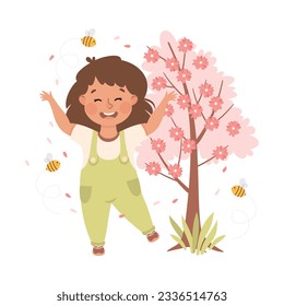 Adorable little girl walking in spring garden. Happy kid playing outdoors cartoon vector illustration