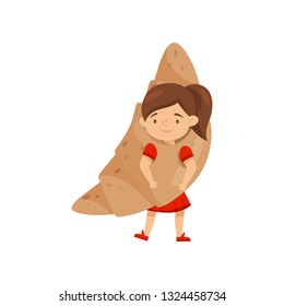 Adorable little girl wearing croissant costume. Tasty snack. Kid with smiling face. Flat vector design