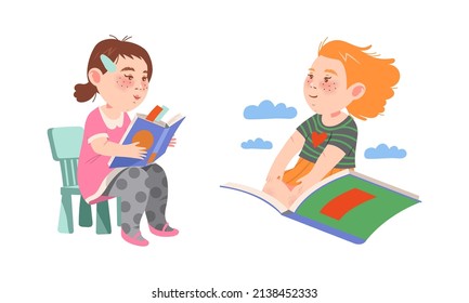 Adorable little girls reading books set. Young literature fans. Preschool activities and childhood education cartoon vector illustration