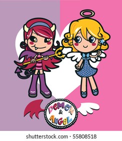 Adorable little girls wearing angel and demon costumes together