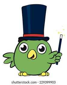 Adorable little green bird magician cartoon character waving its magic wand as its casts spells, creates illusion and performs tricks, vector illustration on white