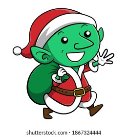 Adorable little green gnomes cartoon characters wearing santa claus uniform and carrying gift bag, best for sticker or decoration with christmas themes