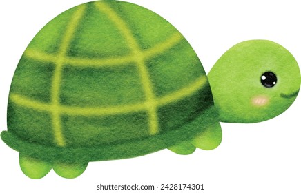 An adorable little green turtle, with glowing eyes. Watercolor illustration Vector. 