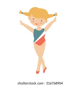 Adorable little gymnast girl character. Vector illustration