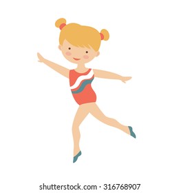 Adorable little gymnast girl character. Vector illustration