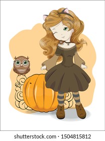 Adorable little Halloween witch girl, with cat's ears, and a spider and owl, against the pumpkin background. The picture in hand drawing style, can be used for party invitation, greeting card.