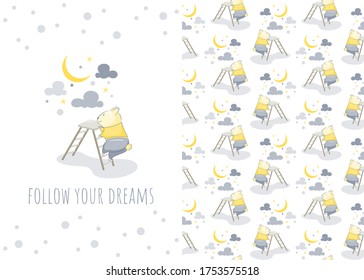 Adorable little hamster cartoon character with moon, illustration and seamless pattern for kids