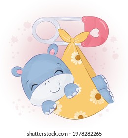 Adorable little hippo in watercolor illustration