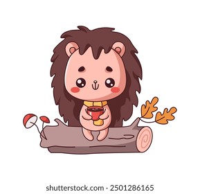 Adorable little Kawaii hedgehog with tea cup sitting on log flat color vector illustration. Funny forest animal resting on autumn day icon on white