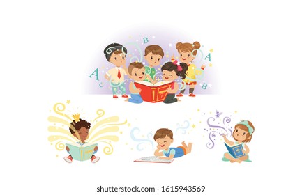 Adorable Little Kids Reading Fairy Tale Books Collection Vector Illustration
