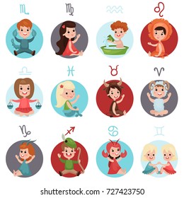 Adorable little kids wearing zodiac signs costumes set, twelve cute zodiac symbols cartoon vector Illustrations