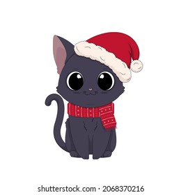 Adorable little kitty. Vector illustration of funny cat. Kitten with santa hat and red scarf. Concept for Christmas Day and New Year. Winter concept.