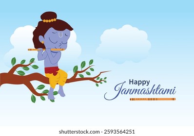 Adorable Little Krishna sitting on a tree branch, playing the flute. A charming vector illustration perfect for spiritual, festive, and artistic designs.