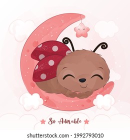 Adorable little ladybug and moon in watercolor illustration