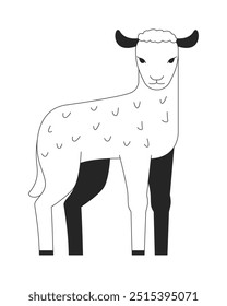 Adorable cordero pequeño carácter de línea 2D blanco y negro. Criatura de la granja de ganado. Cachorro de oveja con piel rizada y rostro inocente personaje de contorno de Vector aislado. Ilustración de punto monocromático