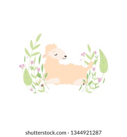 Adorable Little Lamb, Cute Sheep Animal Lying on Beautiful Spring Meadow Vector Illustration