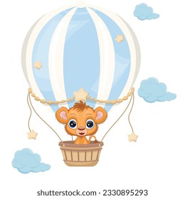 Un pequeño león adorable volando con globo de aire. Ilustración portadora de león de bebé