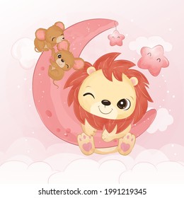 Adorable little lion with mice in watercolor illustration