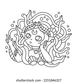 Adorable little mermaid. Cute sea princess with tiara. Mythology fantasy underwater creature. Ocean fish and nature. Funny coloring page for kids. Cartoon vector illustration. Isolated on white