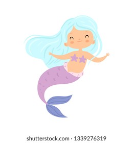 Adorable Little Mermaid with Long Beautiful Hair, Cute Sea Princess Character Vector Illustration