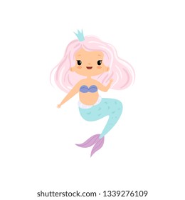 Adorable Little Mermaid with Pink Hair and Crown, Cute Sea Princess Character Vector Illustration