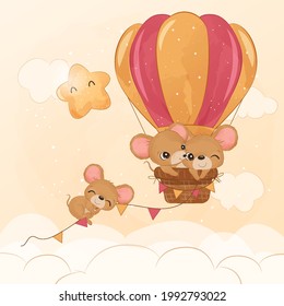Adorable little mice flying with air balloon in watercolor illustration
