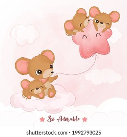 Adorable little mice playing together in watercolor illustration