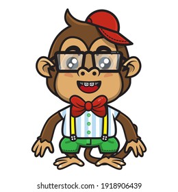 Adorable little Monkey Cartoon Character wearing eyeglasses and braces with Nerdy style, wearing baseball cap, bowties, and suspender belt