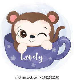 Adorable little monkey in watercolor illustration