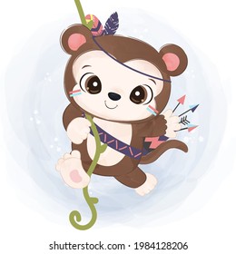 Adorable little monkey in watercolor illustration