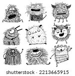 Adorable little monsters creatures collection for children, naughty playful monsters design clipart set. Hand drawn black and white outline haired creatures for kids vector illustration.