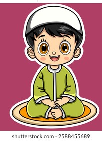 Adorable little Muslim boy sitting on an intricately patterned carpet, his bright eyes reflecting innocence, cultural heritage, and timeless curiosity.