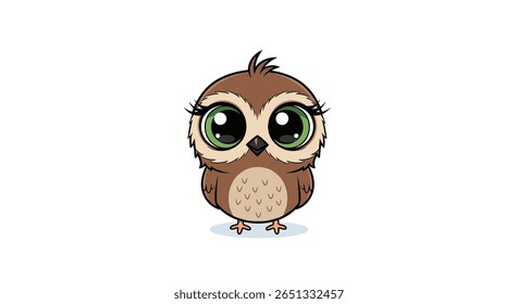 Adorable little owl with big green eyes and fluffy feathers standing still