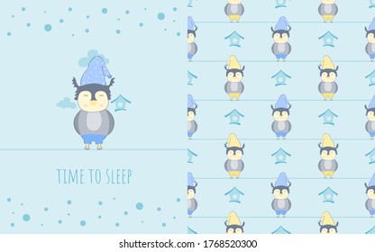 Adorable little owl cartoon character, illustration and seamless pattern for kids