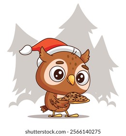 An adorable little owl wearing a festive Santa hat is joyfully holding delicious cookies in a cozy winter setting