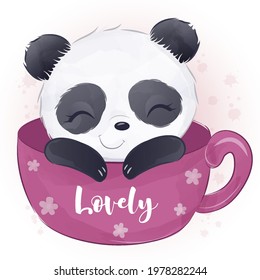 Adorable little panda in watercolor illustration