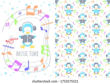 Adorable little penguin cartoon with music, illustration and seamless pattern for kids