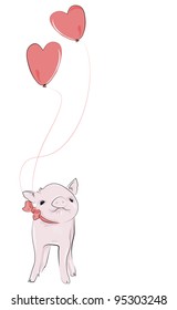 Adorable little pet piggy, with heart balloons floating above it, isolated on white.