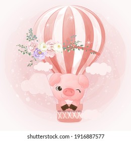 Adorable little pig flying with air balloon in watercolor illustration