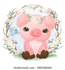 Adorable little pig in the garden illustration