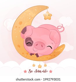 Adorable little pig and moon in watercolor illustration