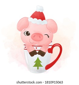 Adorable little pig sitting on the cup wearing santa hat