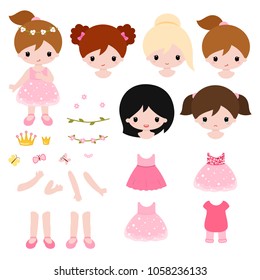 Adorable little princess constructor. Vector flat illustration isolated on white background.