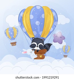 Adorable little raccoon and bunny flying with air balloon in watercolor illustration