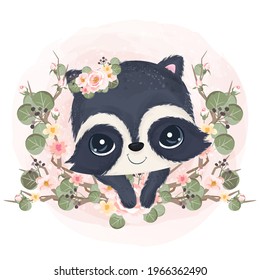 Adorable little raccoon watercolor illustration