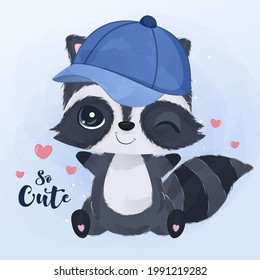 Adorable little raccoon in watercolor illustration